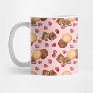 Cookies, chocolates and raspberries on pink background Mug